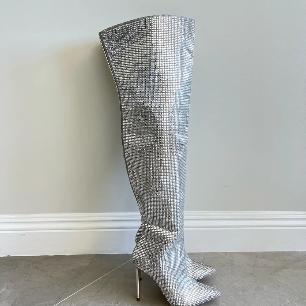 STEVE MADDEN Skyscraper Rhinestone Bling Silver Over The Knee Heels Boots Sz 6.5